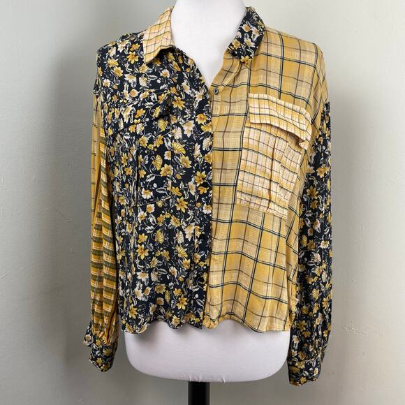 Zara Mixed Print Floral Plaid Button Down Crop Long Sleeve Blouse Top Large - Picture 2 of 8